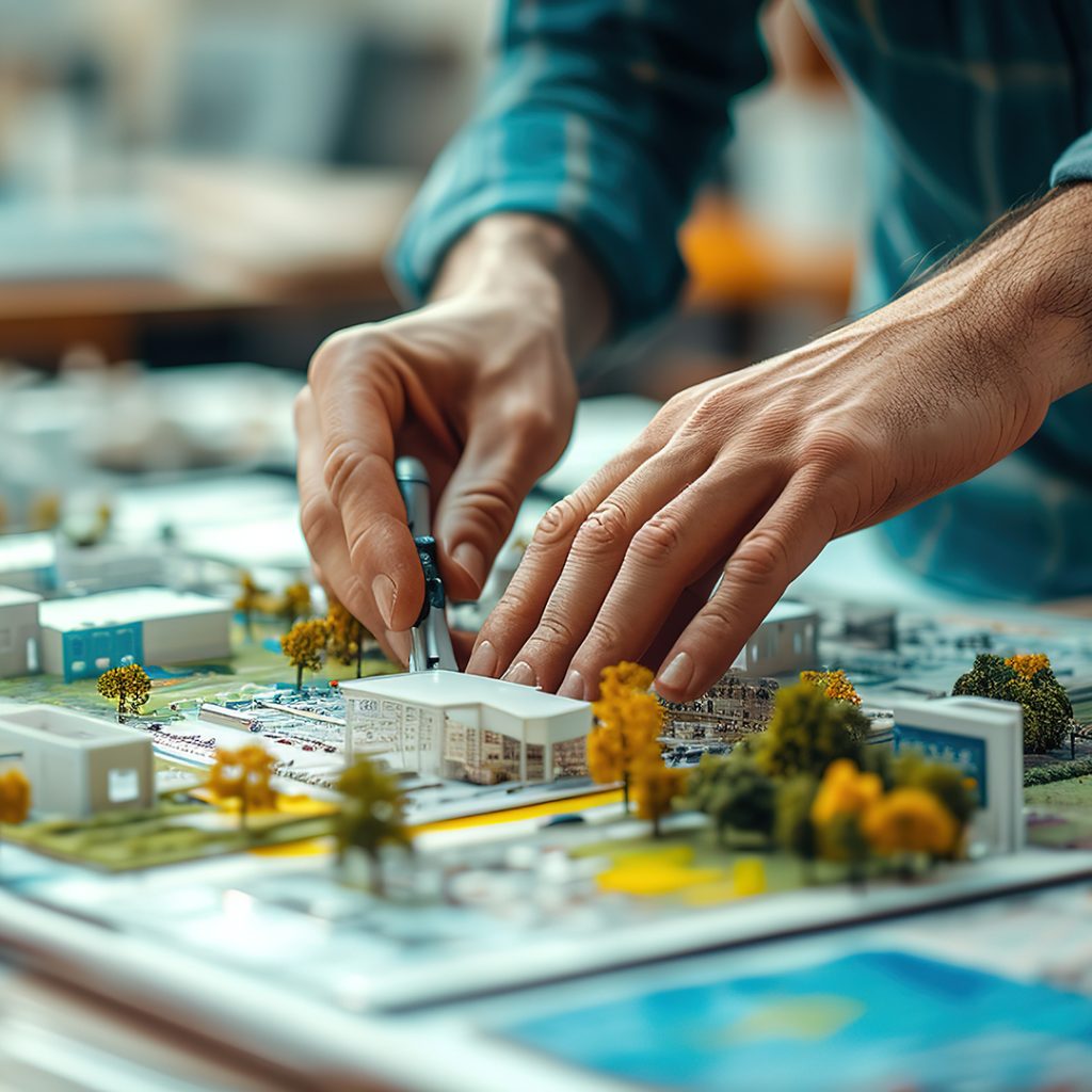 An architect's hands are meticulously adjusting a building within a detailed scale model of an urban planning project.